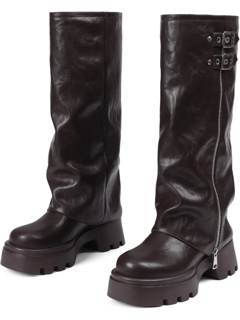 Women's Brown Faux Leather Chunky Heel Side Zipper, Metal Buckles Knee High Boot